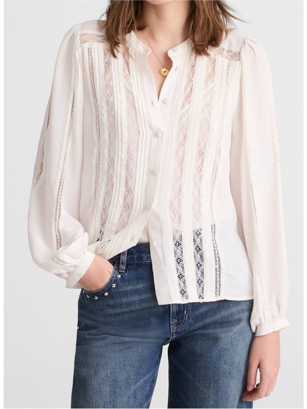 Madewell Cream Lace inset long Button up Blouse